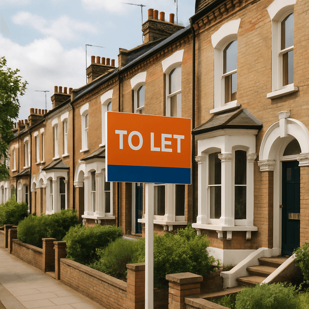 A row of london houses with a To Let board outside