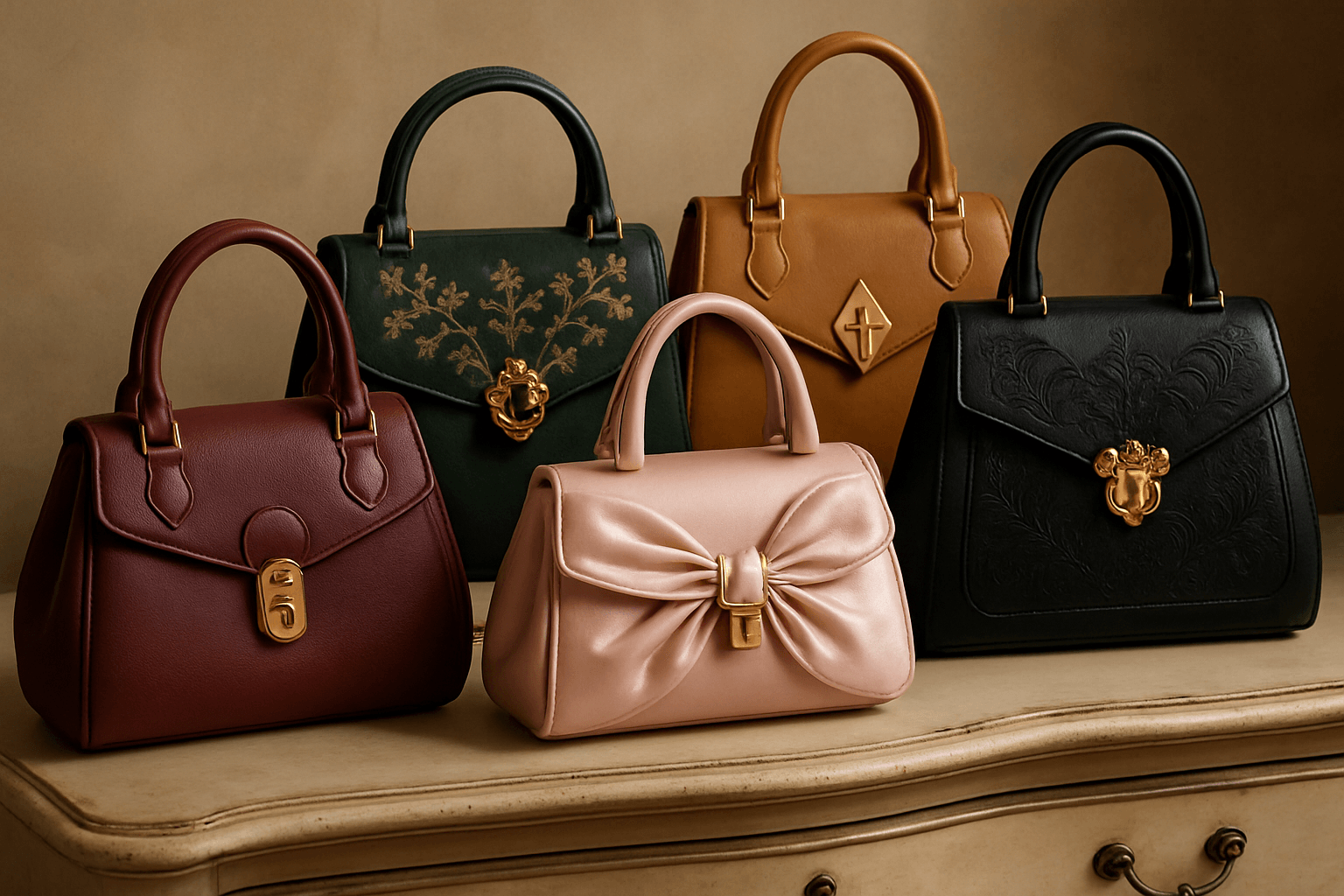 A stunning collection of luxurious handbags is elegantly displayed on the dresser each one a masterpiece crafted from the finest materials such as supple leather rich suede and gleaming satin The bags showcasing an array of colors including deep burg