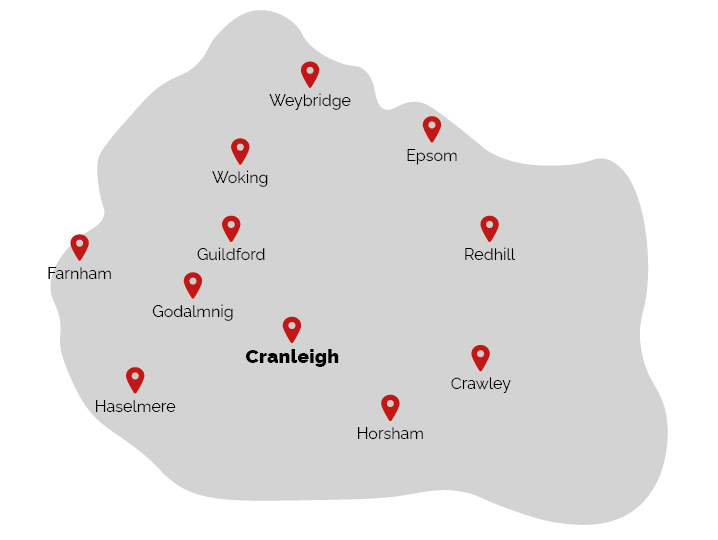 Map of locations served by Cranleigh branch for removals across Surrey
